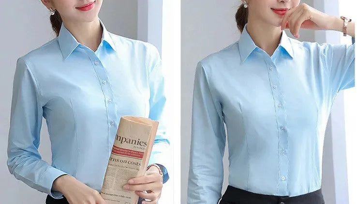 Elegant Women Shirts Woman White Shirt Long Sleeve Blouse Office Lady business Pink Shirts Button Solid Women work Blouses Tops — image 11
