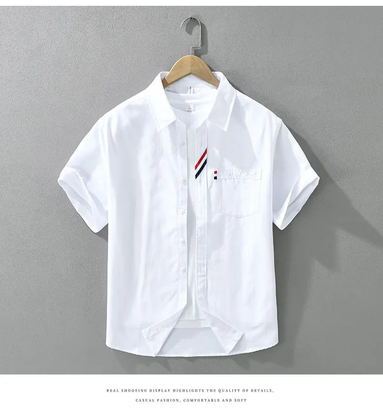 Men's 100% Cotton Short-Sleeve Shirt – Classic Turn-Down Collar, Slim Fit with Chest Pocket & Striped Detail — image 11
