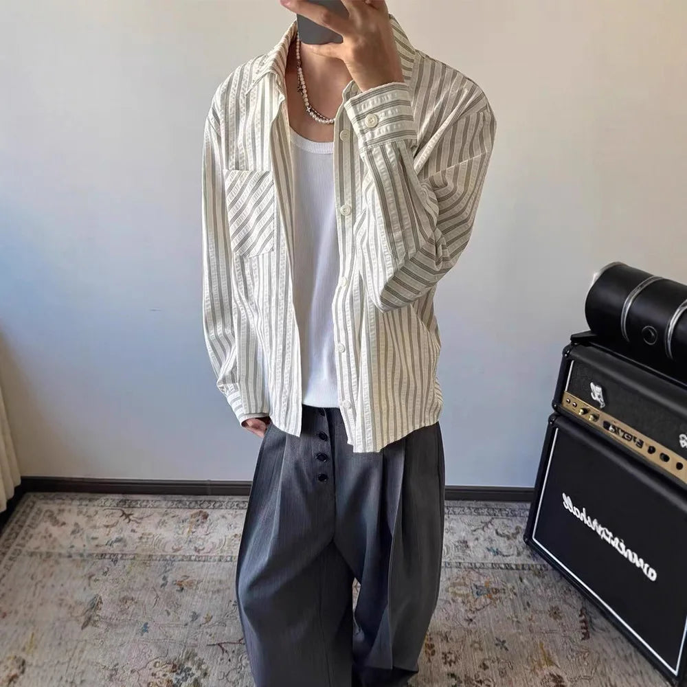 Striped Shirt Men's Spring and Autumn High-end Right Shoulder Long-sleeved Shirt Cleanfit Sun Protection Jacket — image 2