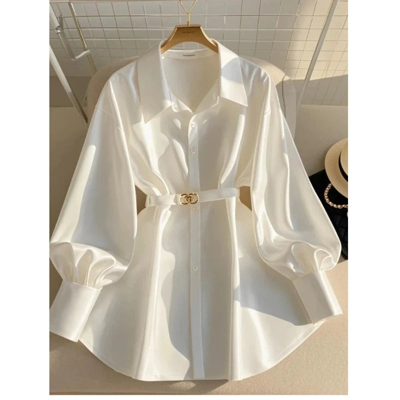Women Clothing White Temperament Loose Shirt Tops Spring Autumn New Polo Neck Long Sleeve Solid Elegant Blouse Fashion Vintage — image 5
