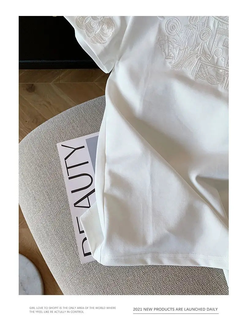Women Clothing Summer Fashion Vintage Embroidery White Cotton Basic T Shirt Female Simple Casual O Neck Short Sleeve Loose Tops — image 16