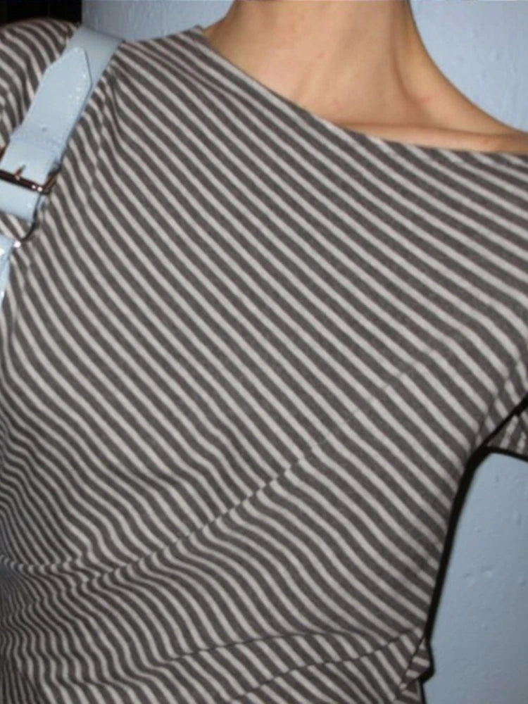 Striped T Shirts For Women Streetwear Inclined Collar Crop Top Y2k Accessories Short Sleeve Grunge Clothes Ropa Mujer Camisetas — image 2