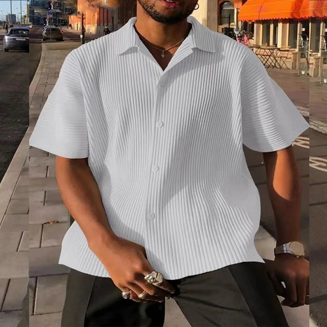 New Men Shirts Short Sleeve Turn-down Collar Casual Tops Spring Summer Fashion Solid Rib Loose Shirt For Men Clothing Streetwear — image 2
