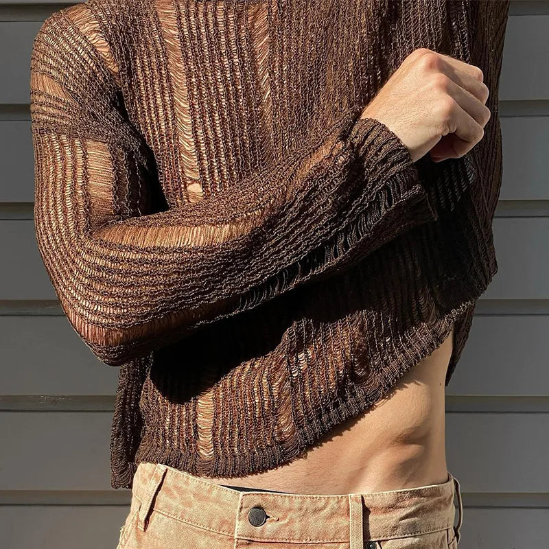 Mens T Shirts New Fashion Woven Solid Color Mesh Top Knit Slim Shirt Long Sleeve Sexy T-shirt Bottoming Streetwera Men — image 5