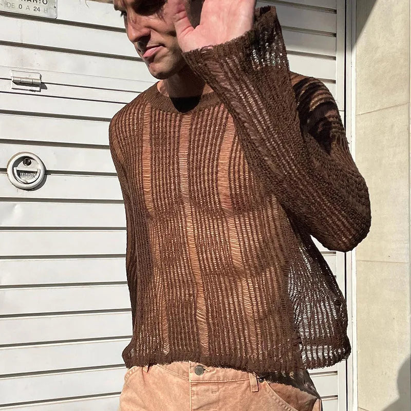 Mens T Shirts New Fashion Woven Solid Color Mesh Top Knit Slim Shirt Long Sleeve Sexy T-shirt Bottoming Streetwera Men — image 4