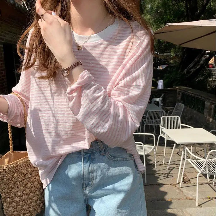 Women's Clothing  Casual T Shirt Summer 2025 Long-sleeved Fashion Korean Style Loose Striped Sunscreen Casual T Shirt — image 3