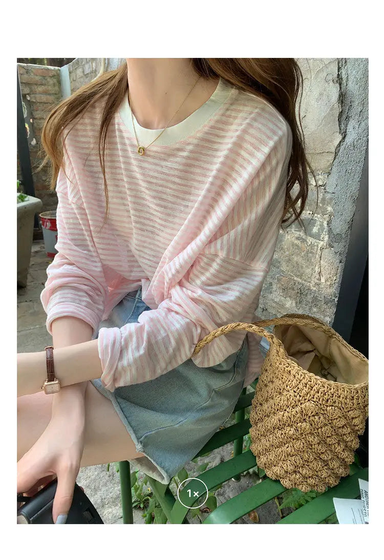 Women's Clothing  Casual T Shirt Summer 2025 Long-sleeved Fashion Korean Style Loose Striped Sunscreen Casual T Shirt — image 15