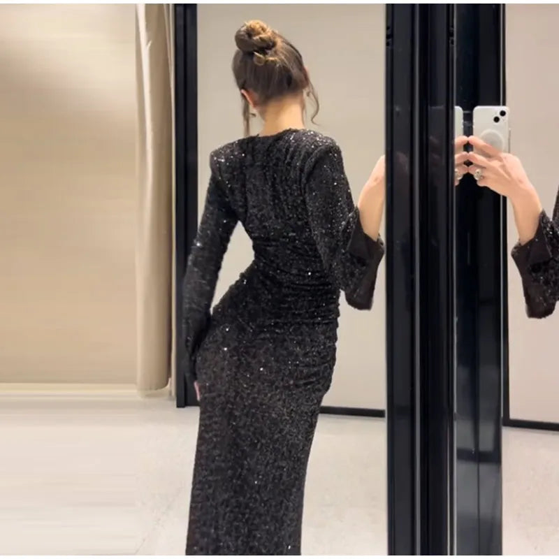 Women's Party Dress Sexy Deep V-neck Sequins Split Full Sleeve Hip Package Dressess Female 2025 Autumn Woman Evening Vestidos — image 12